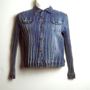 Tania Nardi Crinkle Accordion Pleated  Denim Jacket Women's XL Blue Y2K Vintage